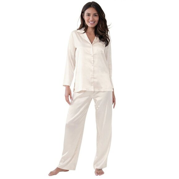PajamaGram ivory satin 2-piece PJ Pajama Lounge Set Size Medium Elastic Waist - Picture 2 of 9